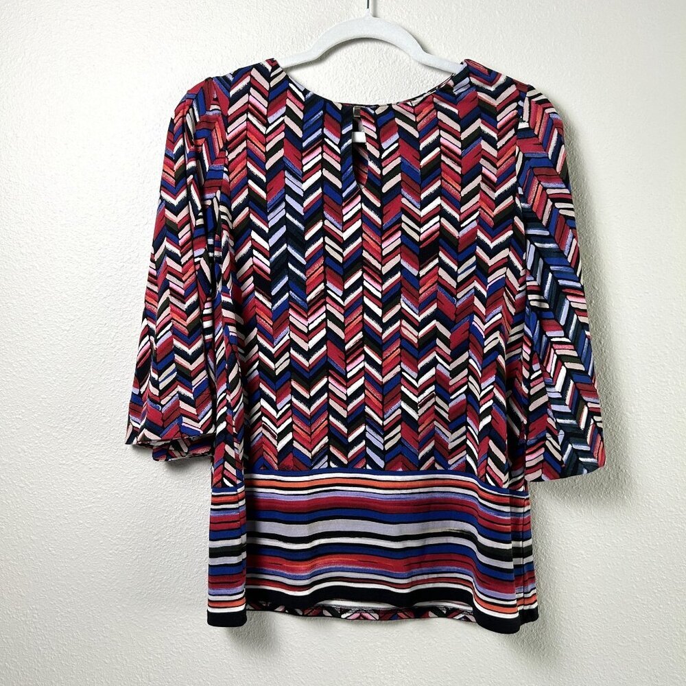 Chicos Blouse Womens Petite‎ S SP 0P Blue Red Geometric 3/4 Bell Sleeve Top